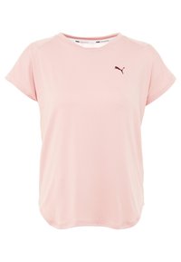 Camiseta deportiva de manga corta color rosa hecha de tejido ligero, con cuello redondo y un pequeño logo oscuro en el lado izquierdo del pecho.