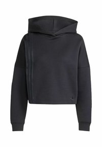 Cappuccio corto nero realizzato in tessuto morbido. Presenta un cappuccio incrociato e tre strisce decorative su un lato. Polsi ed orlo elasticizzati.