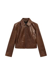 Brown leather jacket with a cropped design, featuring a pointed collar, front zip closure, and smooth texture with subtle sheen.