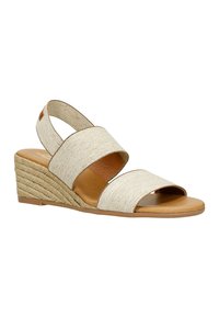 Beige wedge sandal with two wide fabric straps and a tan cushioned insole. Features a woven jute-style heel for added texture.
