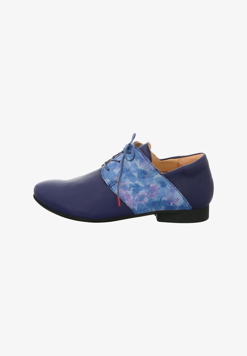 Leder Schuhe in Dunkellila mit einem blauen Blumenmuster-Panel. Mit abgerundetem Zeh und dünner schwarzer Sohle. Schnürsenkel in passendem Dunkellila.