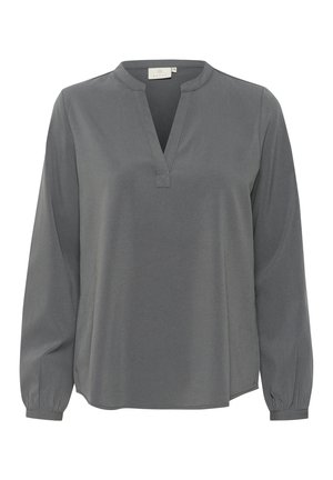 Šedá blúzka s dlhým rukávom a výstrihom do V, vyrobená z hladkej látky, s naťahovacími manžetami a uvoľneným strihom pre pohodlie.