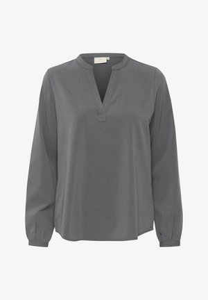 Šedá blúzka s dlhým rukávom a výstrihom do V, vyrobená z hladkej látky, s naťahovacími manžetami a uvoľneným strihom pre pohodlie.