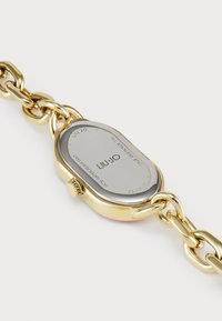 Montre en acier inoxydable doré avec un cadran ovale, un dos argenté et un bracelet à maillons. Dispose d'une couronne sur le côté pour le réglage. Étanche jusqu'à 30 m.