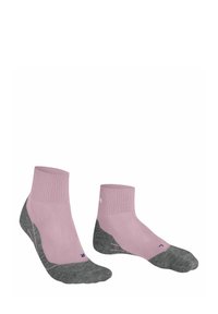 Calzini sportivi con una parte superiore rosa e una parte inferiore grigia texturizzata, dotati di un polsino a coste e un tallone rinforzato per un supporto aggiuntivo.