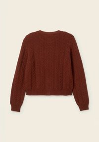 Rostfärgad stickad tröja med en texturerad mönster, rund hals och långa ärmar. Ribbad mudd och nederkant.