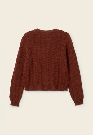 Knitwear ruskeanvärisellä langalla, jossa on teksturoitu kuvio, pyöreä kaula-aukko ja pitkät hihat. Ribbaushihansuut ja helma.