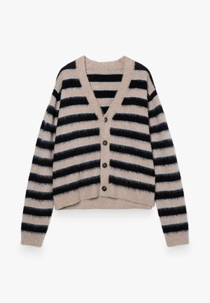 Gestreepte cardigan in zachte brei, met zwarte en beige horizontale strepen, v-hals en vijf zwarte knopen aan de voorkant. Verkorte ontwerp.