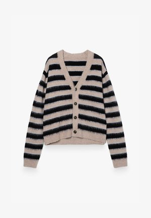 Gestreepte cardigan in zachte brei, met zwarte en beige horizontale strepen, v-hals en vijf zwarte knopen aan de voorkant. Verkorte ontwerp.