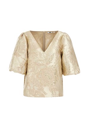 Beežikas brokaadist top V-kaelusega, õlgadest laienevate küünarvarrukatega ja lillelise metallilise mustriga, taga tõmblukuga sulguriga.