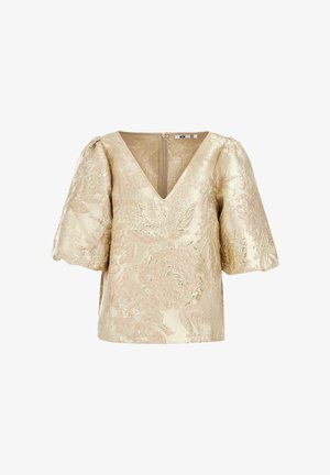 Beiges Brokatoberteil mit V-Ausschnitt, aufgepufften, ellbogenlangen Ärmeln und einem floralen, metallischen Muster, ausgestattet mit einem Reißverschluss auf der Rückseite.
