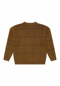 Brązowy sweter w kratę w ciemniejszym odcieniu brązu, z okrągłym dekoltem i prążkowanymi mankietami. Miękka tekstura i swobodny krój, idealny do noszenia na cebulkę.
