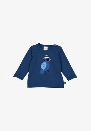 Marineblaue Langarmbluse mit einem gestickten blauen Papagei, der ein orangefarbenes Schnabel und Fliegerbrille trägt, aus weichem Baumwollstoff gefertigt.