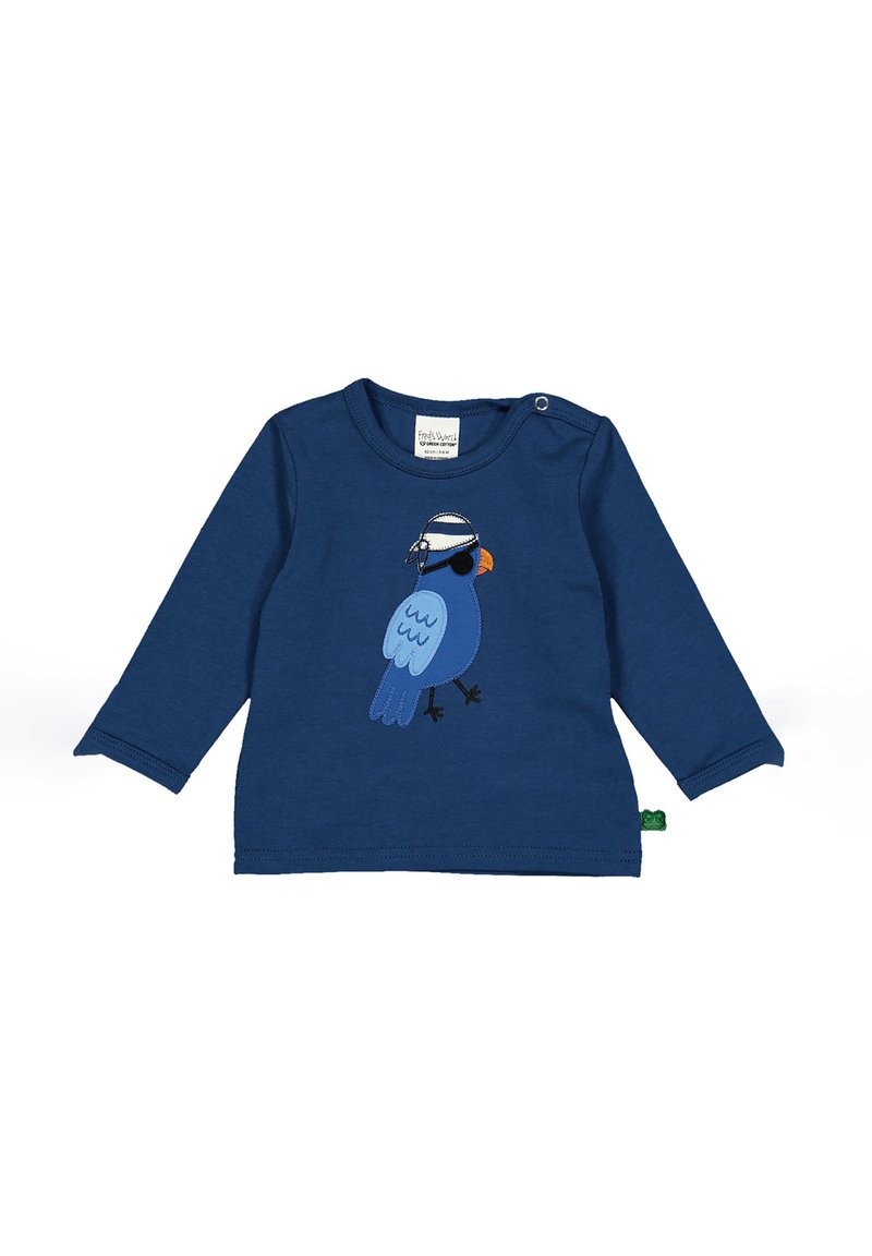 Marineblaue Langarmbluse mit einem gestickten blauen Papagei, der ein orangefarbenes Schnabel und Fliegerbrille trägt, aus weichem Baumwollstoff gefertigt.