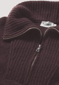 Bordeaux wollen trui met een hoge ribbelkraag, voorzien van een zilveren rits. Label zichtbaar in het gebied van de kraag.
