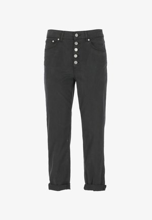 Jeans in denim neri con vita alta, chiusura a cinque bottoni in argento, orli arrotolati e dettagli di cucitura sui taschini laterali in modo discreto.