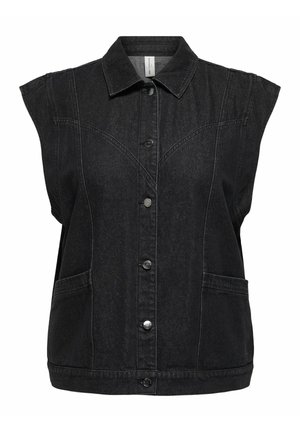 Black denim vest with a collar, sleeveless design, front button closure, and two side pockets. Features a stitched pattern along the seams.