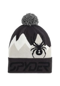 Berretto lavorato a maglia in nero e grigio con un motivo di montagne bianche, un design di ragno nero e un logo "SPYDER" nero sul risvolto. Presenta un pom-pom sulla cima.