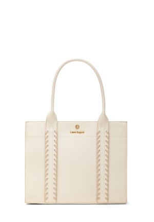 Borsa rettangolare color crema con due manici verticali cuciti e sottile scritta del logo dorato nella parte superiore centrale.