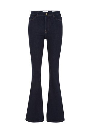 Dunkelblaue weit geschnittene Jeans aus Denim, mit hoher Taille, frontalen Taschen und kontrastierenden Nähten. Klassisches Fünf-Taschen-Design.