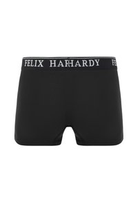 Boxers noirs en tissu extensible, avec une taille élastique portant l'inscription "FELIX HARDY" en blanc. Design simple, sans motifs.