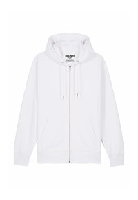 Haut à zip blanc en tissu doux, doté d'une capuche avec cordon de serrage, de poches avant et de l'étiquette "MIRA PARIS" sur le col intérieur.