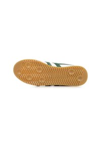 Sneaker bianca con strisce verdi, dotata di una suola in gomma testurizzata con un motivo a spina di pesce e grip circolari. Design semplice con accenti classici.