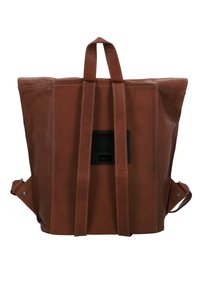 Brown leather backpack with dual top handles and adjustable side straps. Features a black exterior pocket and visible stitching details.