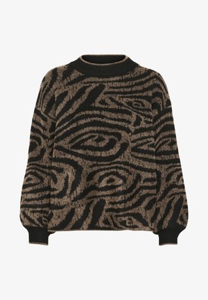 Knit sweater in brown and black, featuring an abstract swirl pattern, round neck, and ribbed cuffs. Soft texture with a relaxed fit.