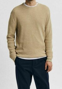 Maglione lavorato a maglia beige con scollo a girocollo, indossato sopra una camicia bianca, abbinato a pantaloni blu navy. Design semplice, senza motivi o loghi visibili.