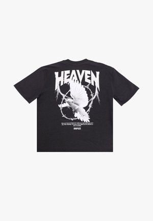 Black cotton t-shirt featuring a white dove graphic, "HEAVEN" text, and quotes printed on the back. Short sleeves, relaxed fit.
