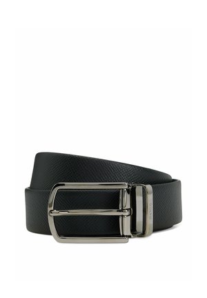 Black textured leather belt with shiny silver rectangular buckle, rolled up on a white background.