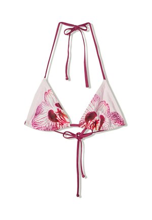 Triangular bikini top in light pink with large pink floral prints. Features halter neck and back ties in a darker pink. Smooth fabric texture.