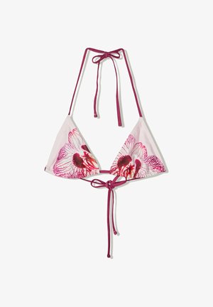 Top bikini triangolare di un rosa chiaro con grandi stampe floreali rosa. Presenta un collo all'americana e lacci sulla schiena di un rosa più scuro. Tessuto morbido.