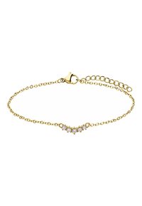 Gouden armband met een delicate ontwerp, voorzien van vijf kleine heldere kristallen die zijn gerangschikt in een gepolijste setting en een karabijnsluiting.