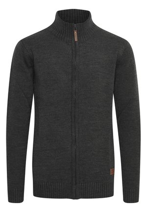 Dark gray zip-up sweater with a high collar, ribbed cuffs, and hem. Made from textured knit fabric. Features a small leather tag at the bottom.