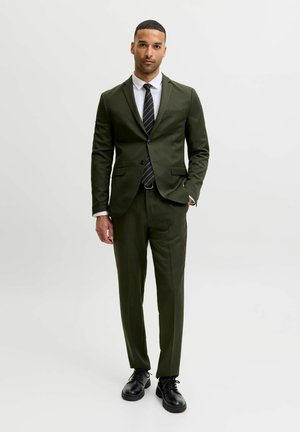 Homme debout portant un costume vert foncé, une chemise blanche, une cravate noire rayée et des chaussures noires sur fond blanc uni.