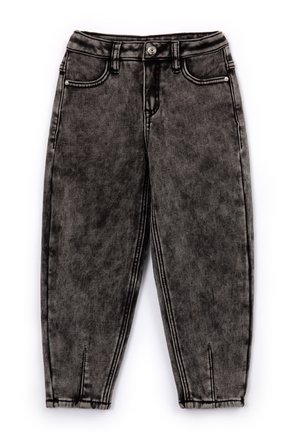 Black acid-wash jeans with a high waist, tapered legs, five pockets, and contrast stitching, featuring a front button closure and belt loops.