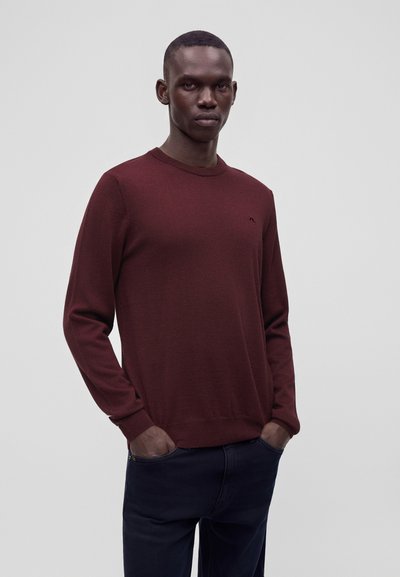 Homme portant un pull bordeaux à manches longues et un pantalon sombre, debout les mains dans les poches devant un fond uni gris clair.