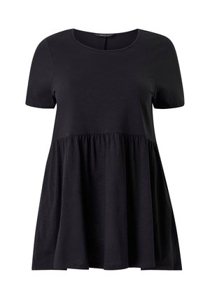 Black short-sleeve top with a round neckline, featuring a fitted bodice and a flared, gathered hem for a loose silhouette. Soft fabric texture.
