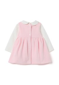 Rotes Kleid mit einem weißen Langarmunterhemd, runder Kragen und Druckknopfverschluss. Weicher Stoff mit gerafftem Rockdesign.