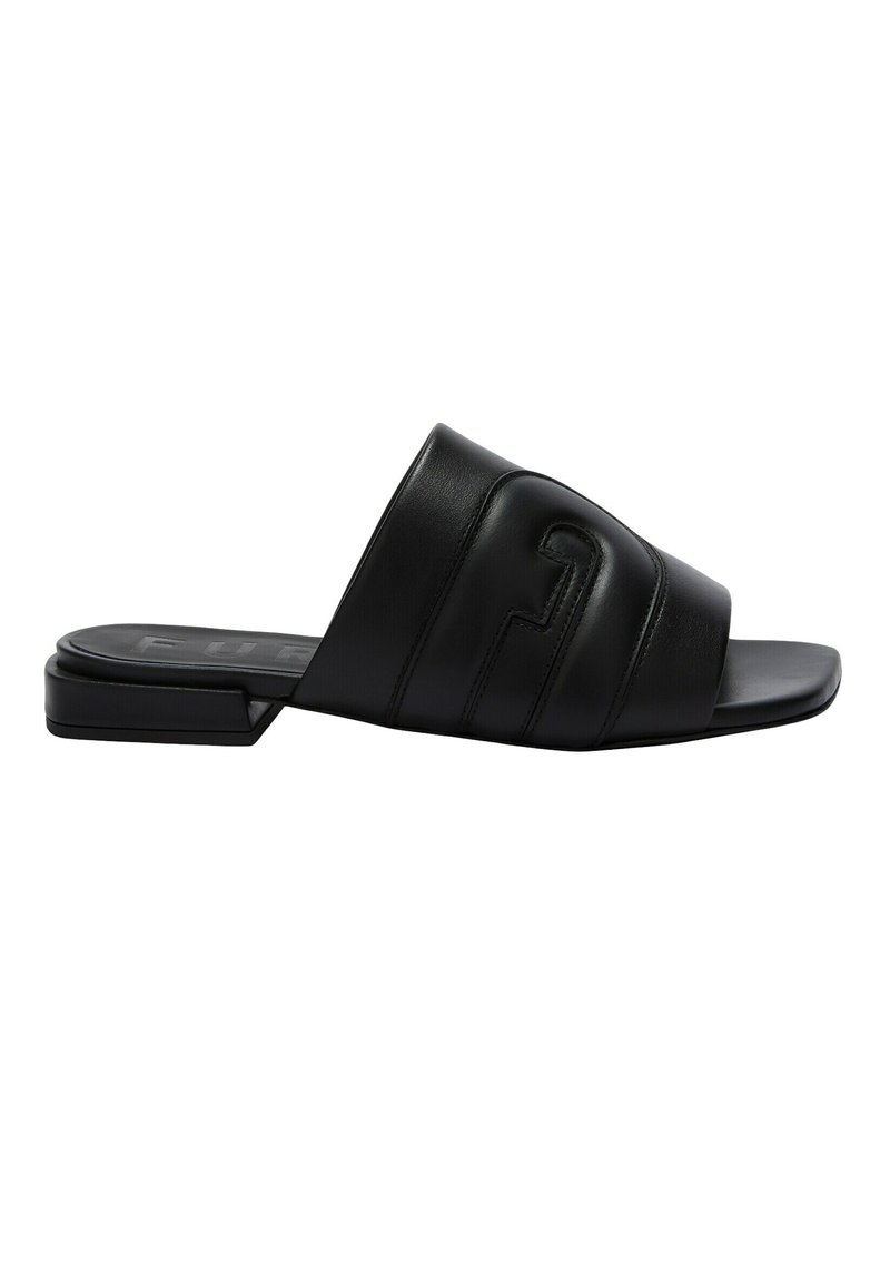 Black leather slide sandals with a wide, curved strap featuring quilted detailing; minimalistic flat sole with a small block heel.