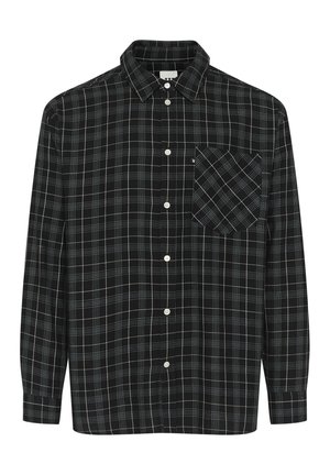 Black plaid shirt made of cotton, featuring long sleeves, button-down collar, and a single chest pocket with contrasting white stitching.