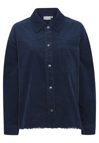 Giacca camicia di velluto a coste blu navy con colletto, bottoni a pressione e una tasca sul petto. Presenta un orlo sfrangiato e un tessuto testurizzato.