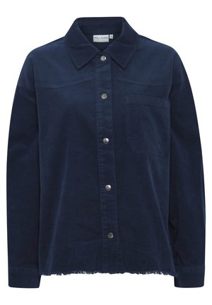 Giacca camicia di velluto a coste blu navy con colletto, bottoni a pressione e una tasca sul petto. Presenta un orlo sfrangiato e un tessuto testurizzato.
