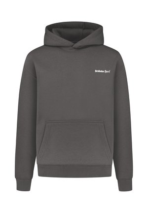 Grauer Hoodie aus weichem Stoff, mit einer Fronttasche, gerippten Bündchen und Saum sowie einem dezenten weißen "Smilodox Sport"-Logo auf der Brust.