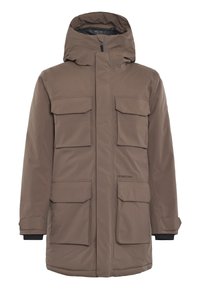 Brun isolerad jacka med huva, fyra framfickor, dragkedjestängning och elastiska ärmslut. Har en slät, vattentålig yta.