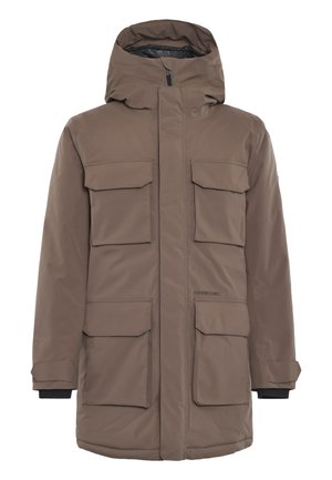 Bruine geïsoleerde jas met een capuchon, vier voorzakken, ritsluiting en elastische manchetten. Heeft een gladde, waterafstotende buitenkant.