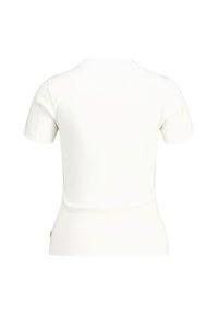 T-shirt bianco a maniche corte con un design aderente. Tessuto liscio e elasticizzato senza alcun motivo o dettagli hardware visibili.