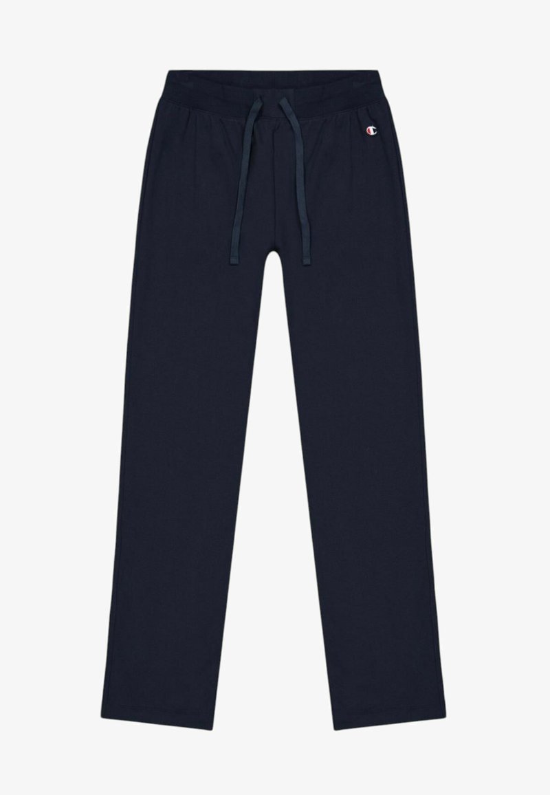 Navyblå sweatpants gjorda av mjukt tyg, med ett elastiskt midjeband med dragsko, och en liten logotyp på vänster sida.